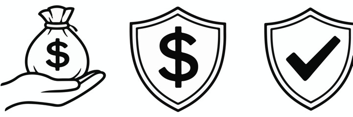 Obraz premium Set of Three Black and White Icons for Finance and Security Keywords: icons, finance, security, money bag, dollar sign, shield