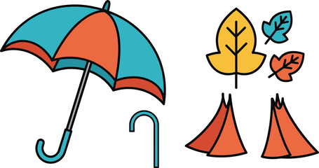 Autumn rainy day elements set, colorful vector icons with open umbrella, falling autumn leaves and camping tent symbols isolated on white background. © MstBobita