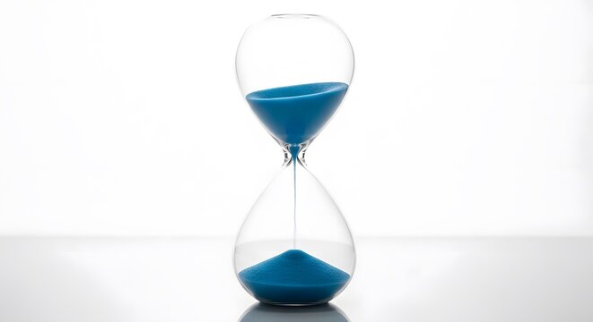 A blue hourglass sitting on a reflective surface against a white background