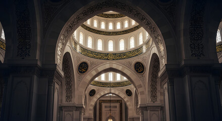 Obraz premium Ornate interior of a majestic mosque, showcasing intricate Islamic architecture, grand arches, and illuminated domes, evoking a serene spiritual atmosphere and historical beauty