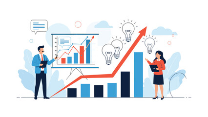 Obraz premium Two professional business people analyzing a rising bar chart and generating innovative light bulb ideas for success.