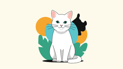 Illustration of a cute white cat with bright green eyes sitting calmly in front of abstract colorful shapes and leaves.