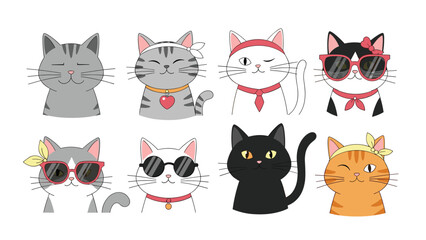 Set of eight adorable cartoon cat characters wearing different fashion accessories like sunglasses and ribbons.