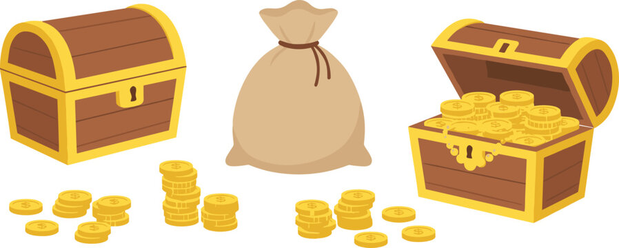 Horizontal set of treasure chest icons and money sacks in clean minimalist flat vector style,