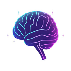An ethereal and glowing illustration of a human brain with vibrant blue and purple neon-like lines on a dark background.