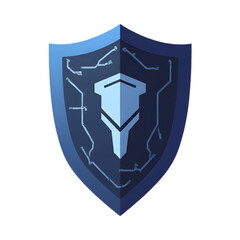 A modern blue cyber security shield icon featuring an abstract geometric symbol and circuit board patterns.