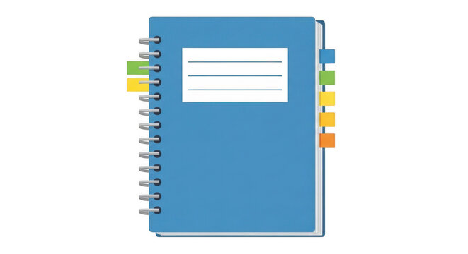 A blue spiral bound notebook with colorful tabs on the side isolated on transparent background