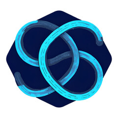 A vibrant blue, intertwined knot of two tube-like lines rests on a dark blue rounded square background, creating a sense of complexity.