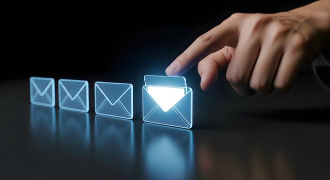 Hand Touching Virtual Blue Email Icon on Dark Background for Contact Us Support and Global Direct Mail Solutions