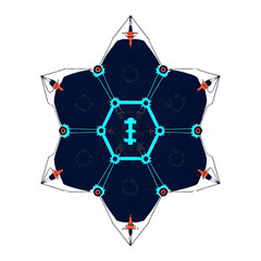 A complex star-shaped structure with a central blue hexagon radiates interconnected lines and nodes against a dark, abstract background.