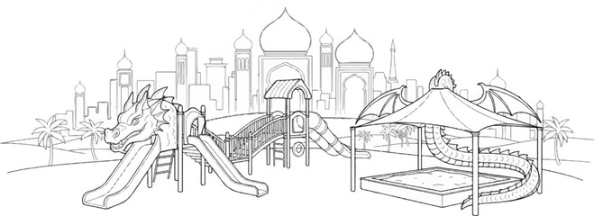 Obraz premium Fantasy-themed playground with dragon structures and exotic city skyline