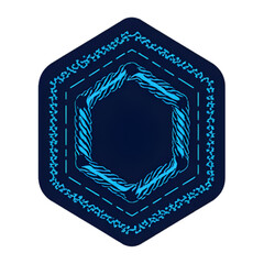 A textured blue hexagonal outline with a braided inner frame is centered on a darker blue hexagonal background, creating a sophisticated emblem.