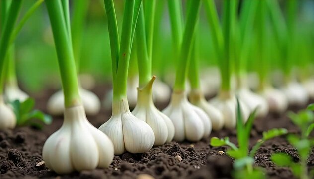 A backyard vegetable garden showing healthy garlic plants with thick green stalks 