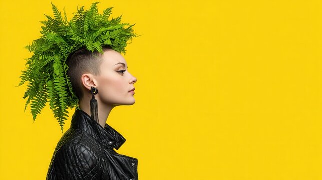 Punk woman with fern mohawk hairstyle and leather jacket