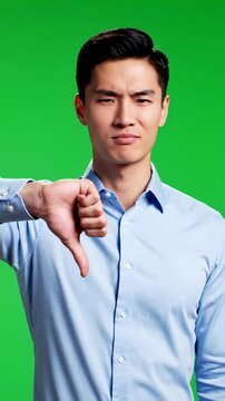 Asian Man Giving Thumbs Down Gesture on Green Screen Background.