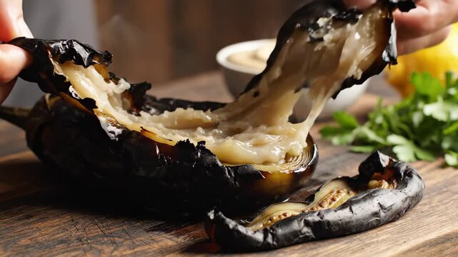 Chef Peeling Charred Skin from Roasted Eggplant on Wooden Board 4K Video