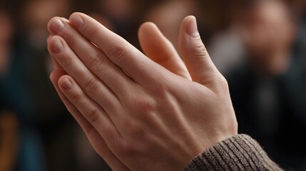 Detailed close up of human hands clasped together in an act of applause conveying a gesture of support   and appreciation during an event