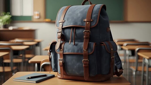 Backpack on a desk in a classroom with notebook and pen education school supplies