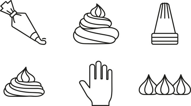 Whipped cream and pastry decorating tools set, black outline icons with piping bag, cream swirls, nozzle tip and baker hand gesture vector illustration isolated on white background.