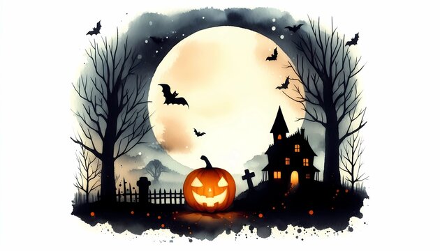 Halloween background with haunted house, bats, withered tress, moon and a big evil pumpkin