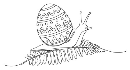 Minimalist continuous one line drawing of a snail with a decorated Easter egg shell crawling on a fern leaf © Katarzyna