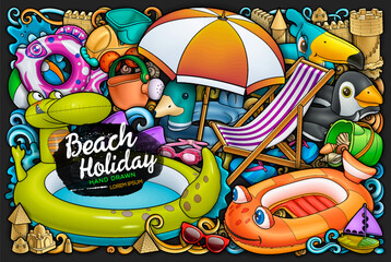 olorful hand-drawn summer beach scene with inflatable water slide, tent, sandcastle, toys, umbrella, and seaside accessories arranged in a playful cartoon composition