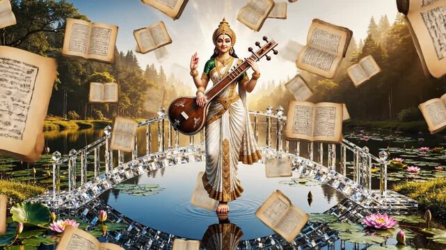 Serene goddess playing sitar on crystal bridge over lotus pond with floating ancient books
