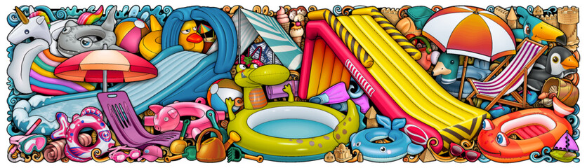 Colorful hand-drawn summer beach scene with inflatable water slide, tent, sandcastle, toys, umbrella, and seaside accessories arranged in a playful cartoon composition