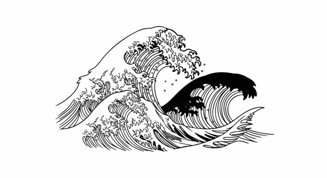 Dramatic ink illustration of turbulent ocean waves crashing ashore under a bright sky