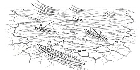 Fototapeta premium Fishermen in boats navigate choppy waters near cracked land
