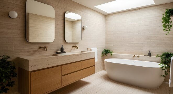 Ultra-luxury spa inspired bathroom interior, freestanding soaking tub, rain shower with glass enclosure, natural stone walls, warm ambient lighting, folded white towels, calm Zen atmosphere, hotel sui