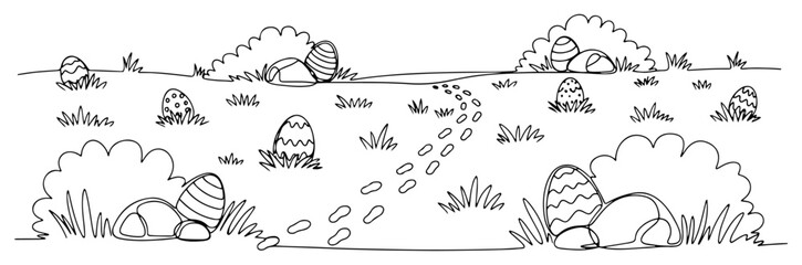 Obraz premium Easter egg hunt landscape with rabbit paw prints trail hidden eggs and bushes in line art