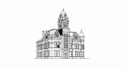 Detailed line drawing of a historic building with a prominent clock tower and arched windows