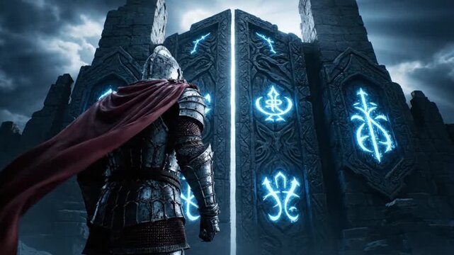 A valiant armored knight stands before a monumental, glowing ancient gateway, embarking on an epic fantasy quest into the unknown, a concept of destiny unfolding in a mystical realm