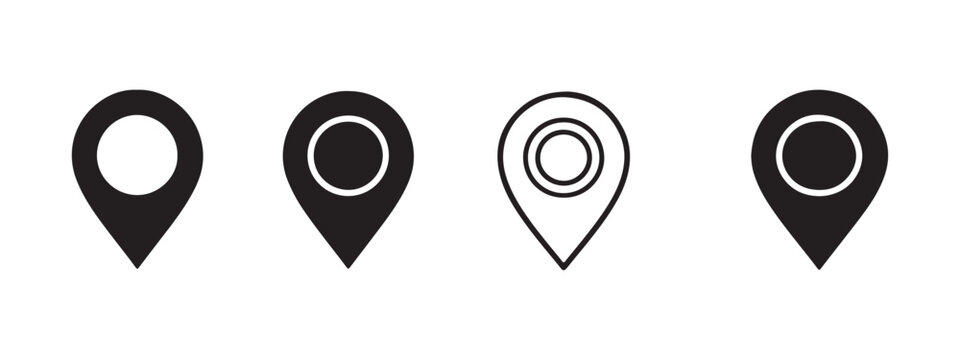 Black and white map pointer pin icon set in clean vector illustration style for location and navigation design
