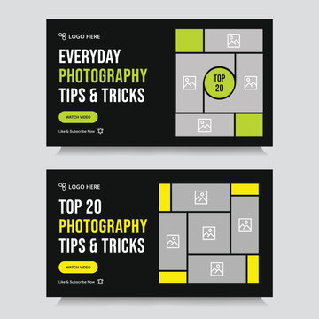 Multipurpose photography tips and tricks video thumbnail banner design, daily photography techniques video set cover banner design, fully customizable vector eps 10 file format