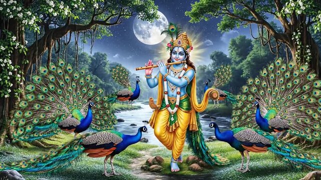 Hindu deity Krishna playing flute surrounded by peacocks in serene forest