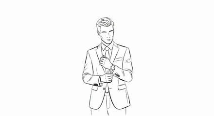 Obraz premium Elegant man in suit adjusting his watch, sketch style