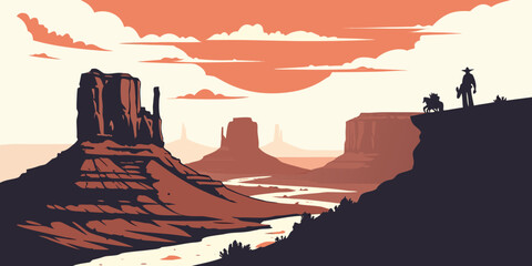 Silhouettes of rock formations against a sunset sky in a desert landscape © Murad