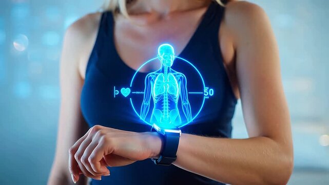 Woman with smartwatch and holographic health display