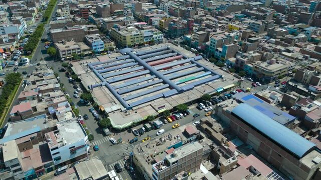 Drone view of the busy Surquillo Market 2 captured from above in Lima.