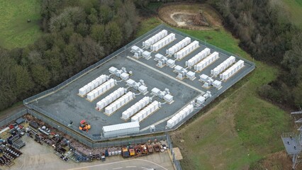 Close up aerial view of the Enderby BESS battery energy storage facility in the UK showing CATL...