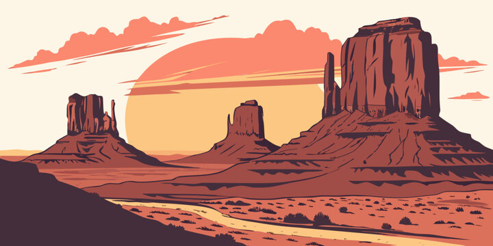 A serene sunset over the iconic red rock formations of monument valley