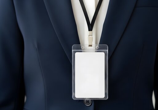 Blank white ID badge lanyard mockup on business person in navy blue suit professional template