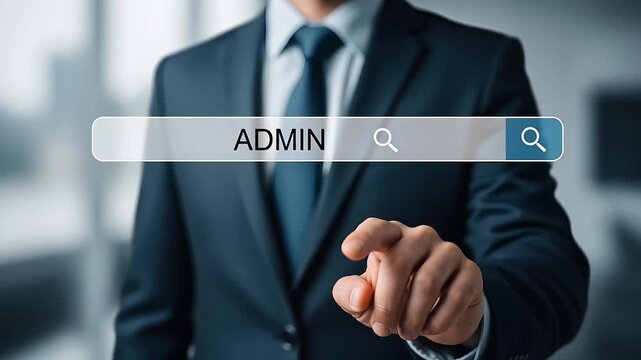 Businessman interacting with admin search bar interface in modern office setting