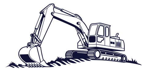 A detailed black and white illustration of a large excavator machine. © Murad