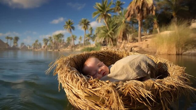 Baby Moses in a Basket Floating on the Nile River. Bible Story, and Christianity Illustration Concept