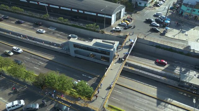 Aerial view of the Metropolitano station near the National Stadium in Lima, Peru.