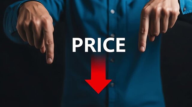 Businessman Pointing at Decreasing Price Concept with Red Arrow