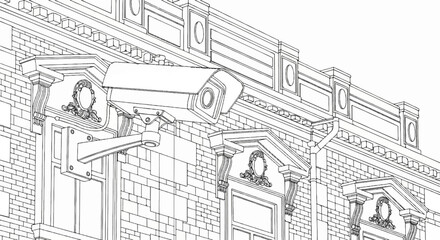 Obraz premium Detailed line drawing of a security camera mounted on a brick building